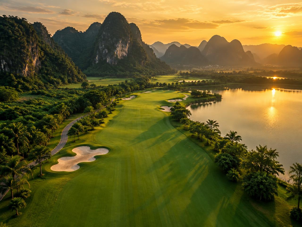 Golf fairway among karst mountains at sunset